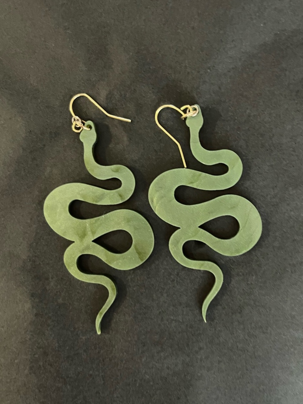 Green Plastic Snake Earrings with Gold Plated Hooks - Picture 2 of 2